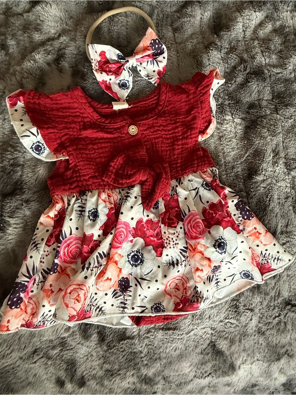 Red Floral Baby Girl Dress Matching Bow Headband Size 80